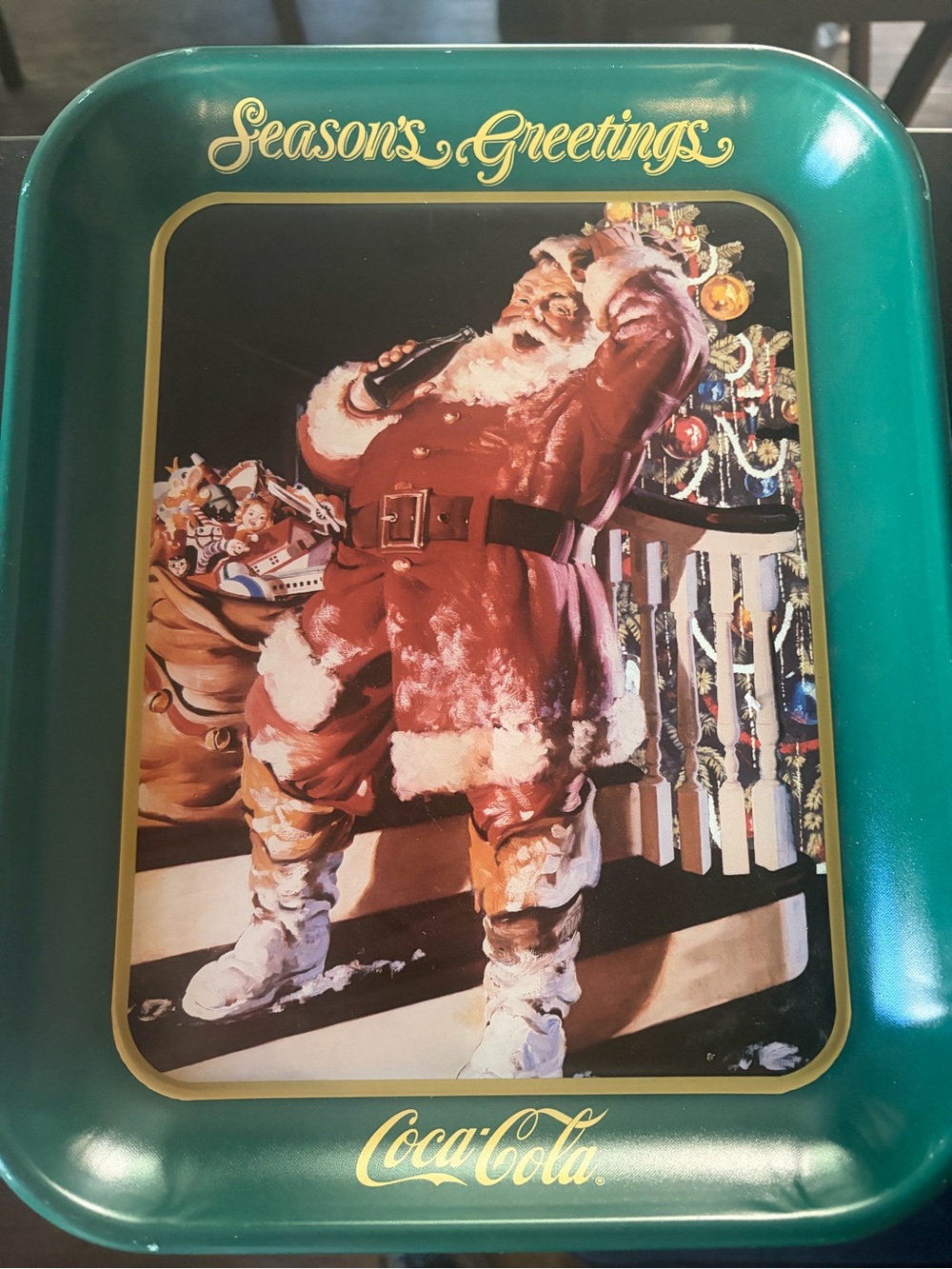 Coca Cola Green and Red Santa Season's Greetings Holiday Tray